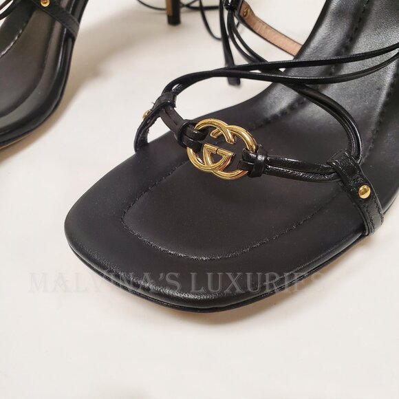 GUCCI SHOES INTERLOCKING G LOGO ANKLE TIE STRAPPY BLACK SANDALS sz 39.5 9.5 - Picture 8 of 15